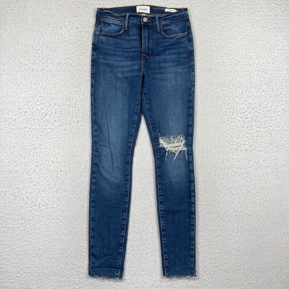 FRAME Jeans Womens 27 Blue Le High Skinny Distressed Knee Raw Hem Edgy Casual
